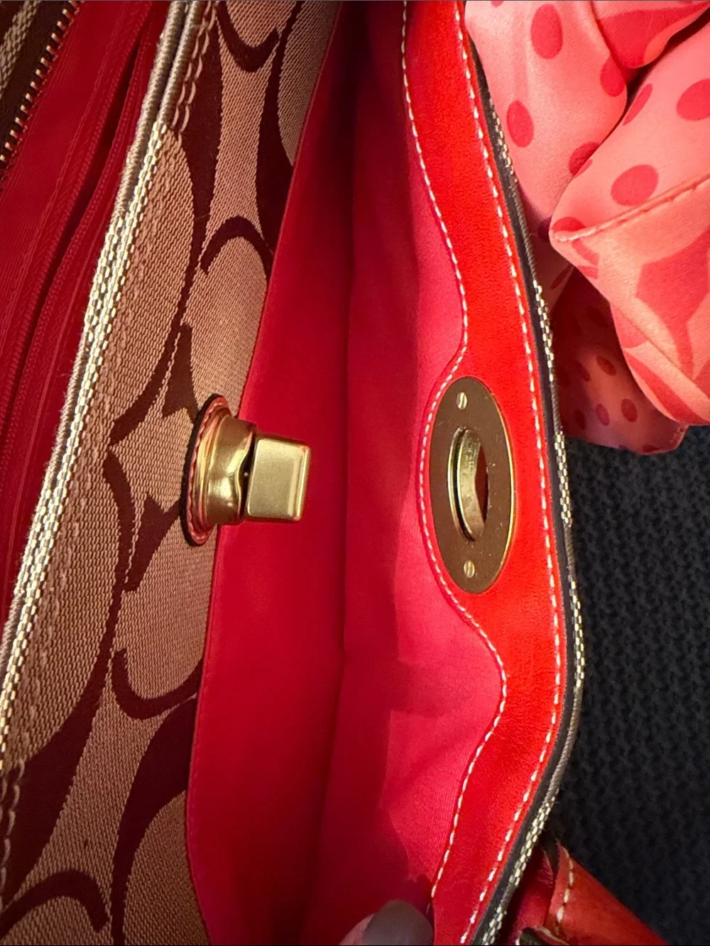 Coach Beige Signature Satchel with Coral Leather Trim and Coral Scarf